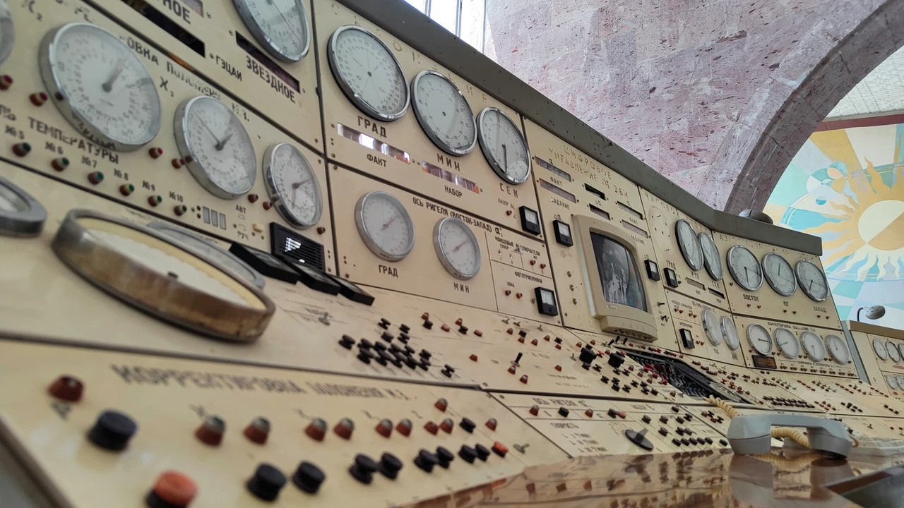 Soviet-era control panel with gauges and switches, representing complex systems of authority and control