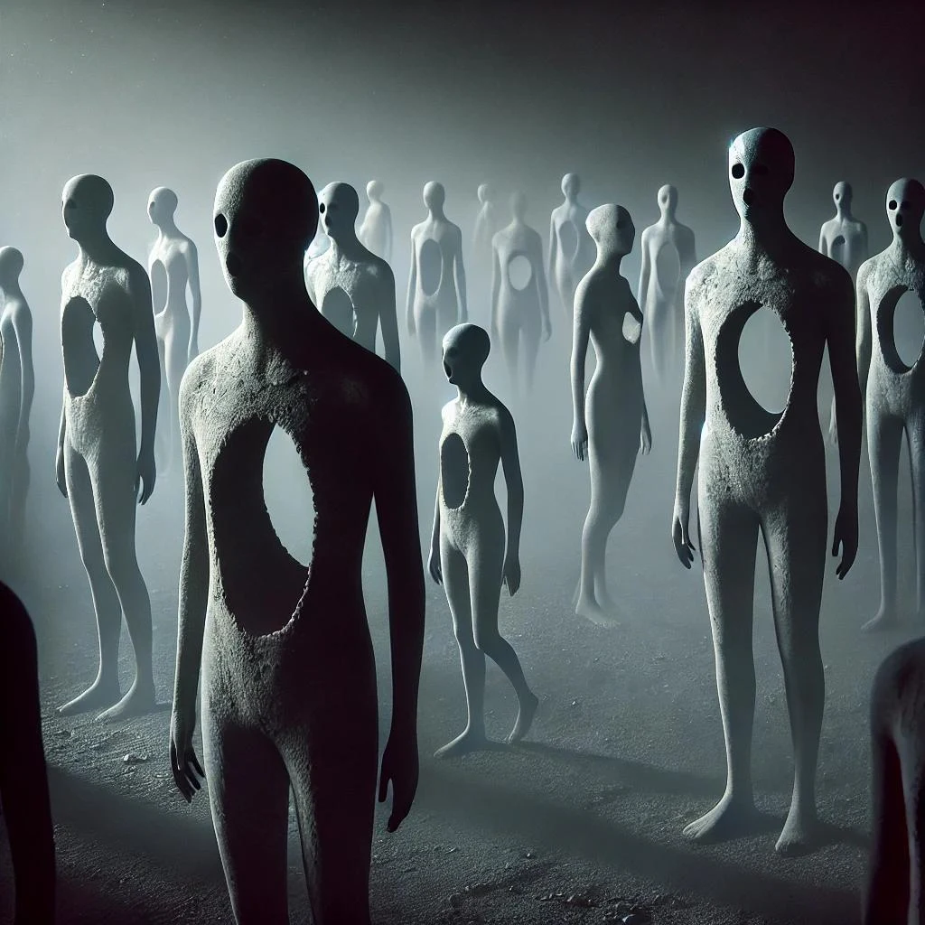 Hollow figures standing in fog, representing how algorithmic bias can scale dehumanisation